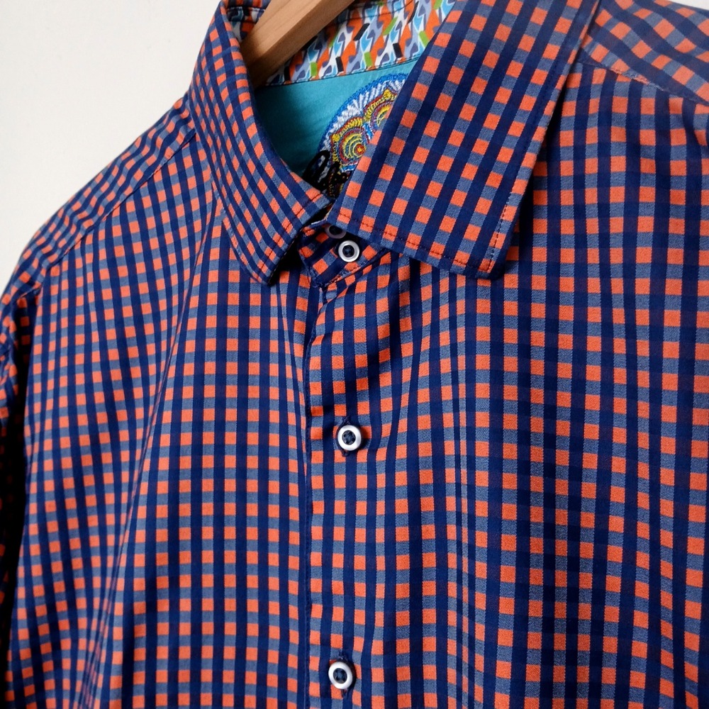 Robert Graham Men XL Orange Blue Gingham Plaid Flip Cuff Button Down Shirt